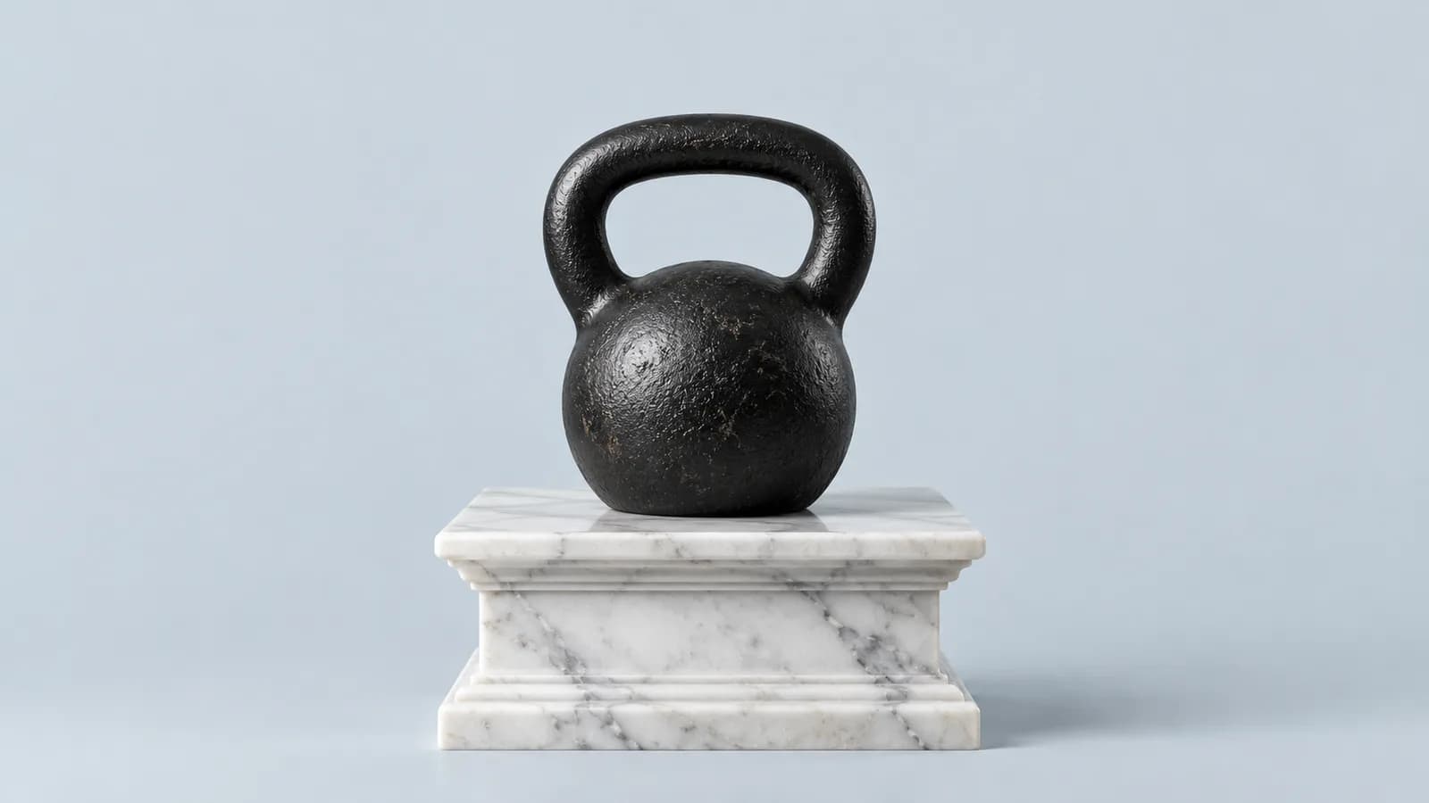 Kettlebell nera di ghisa su un piedistallo di marmo bianco venato, fondo azzurro chiaro