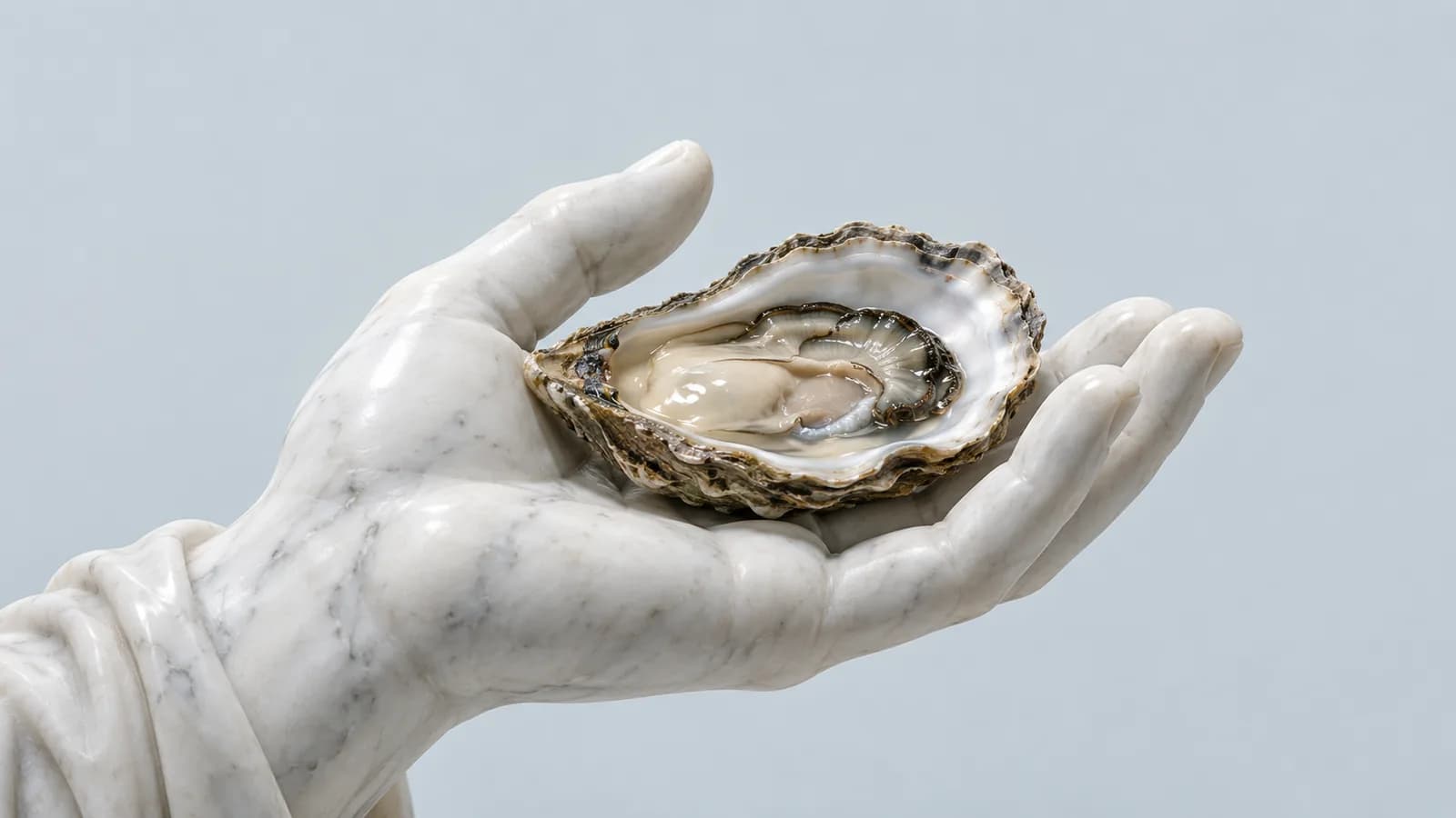 Mano di statua in marmo bianco che regge un'ostrica aperta su fondo grigio azzurro