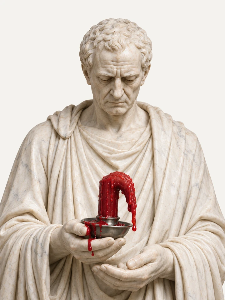 Statua in marmo di un uomo maturo che guarda una candela rossa piegata nel piattino che tiene in mano.