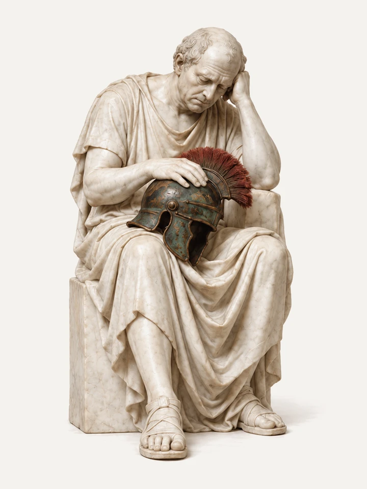 Statua in marmo di un uomo maturo, seduto e stanco, con un elmo romano vero appoggiato sul ginocchio.