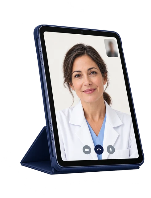 Un tablet blu con lo specialista in camice in videochiamata.