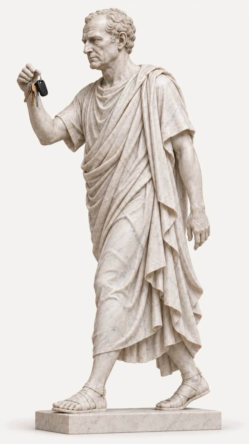 Statua in marmo di un uomo maturo che cammina e alza un mazzo di chiavi vero, appena preso per uscire.