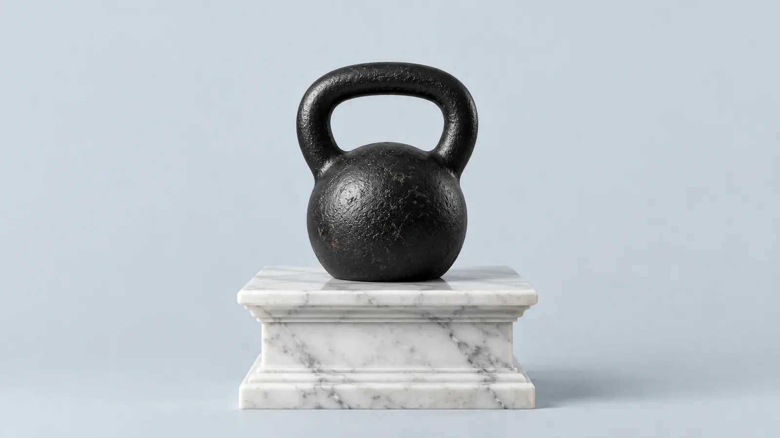 Kettlebell nera di ghisa su un piedistallo di marmo bianco venato, fondo azzurro chiaro