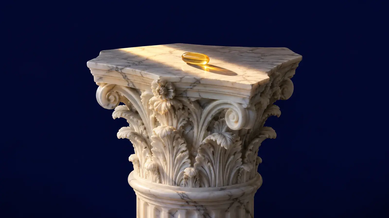 Capitello corinzio in marmo con una capsula gialla in una lama di luce, fondo blu notte