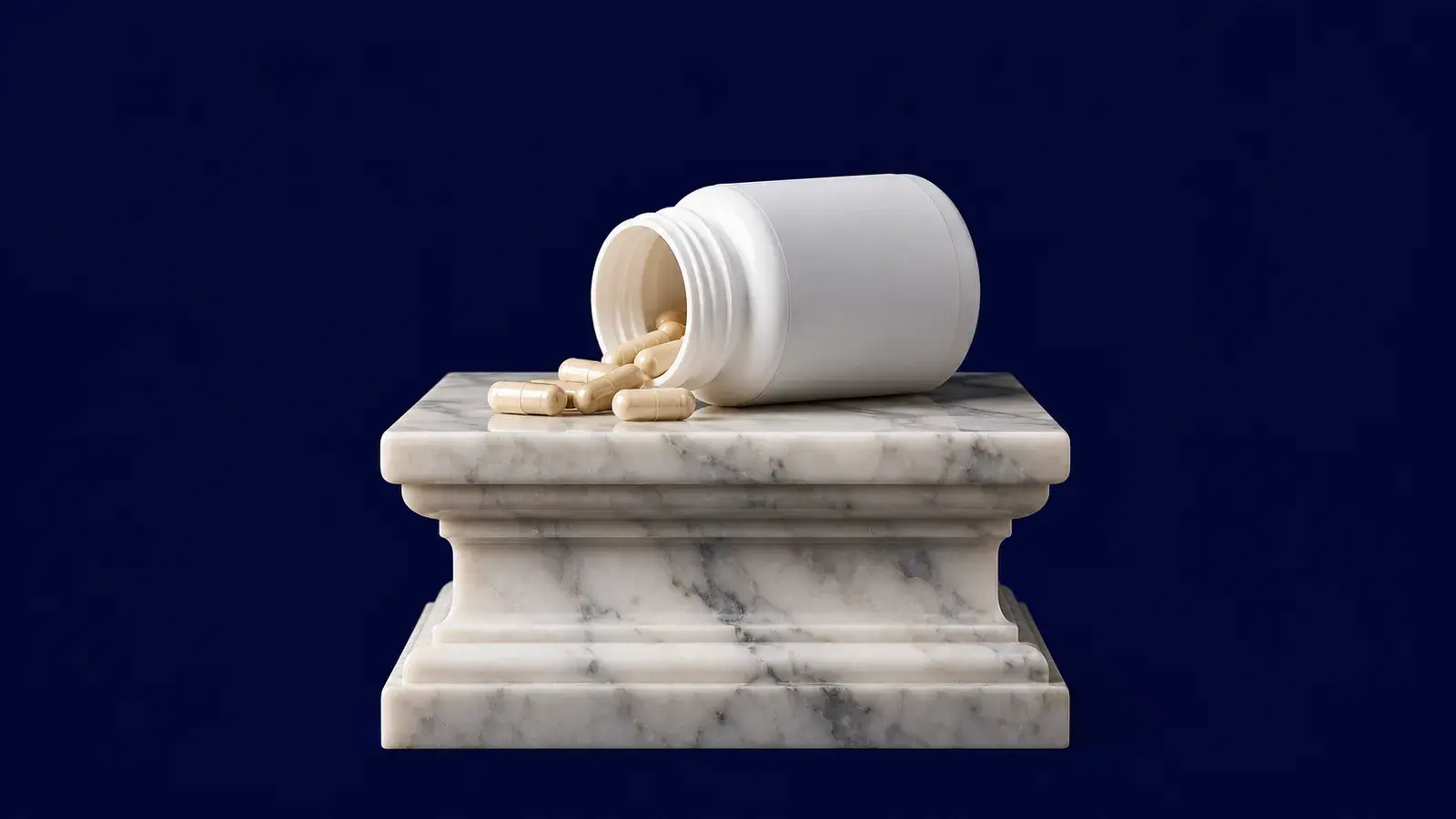 Barattolo bianco rovesciato su un piedistallo di marmo, capsule sparse, fondo blu notte