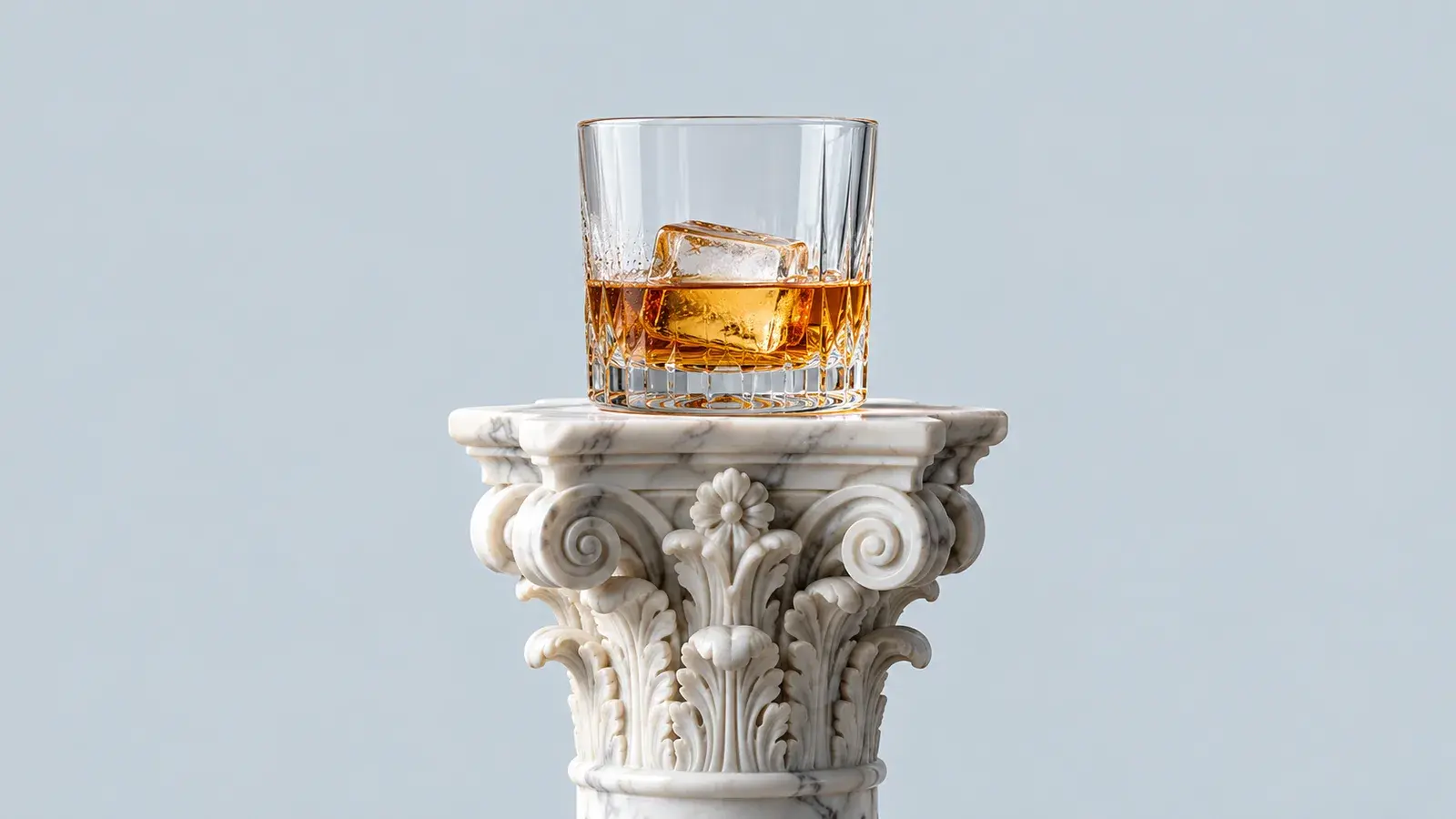 Bicchiere di whisky con ghiaccio appoggiato su un capitello corinzio in marmo, fondo grigio azzurro