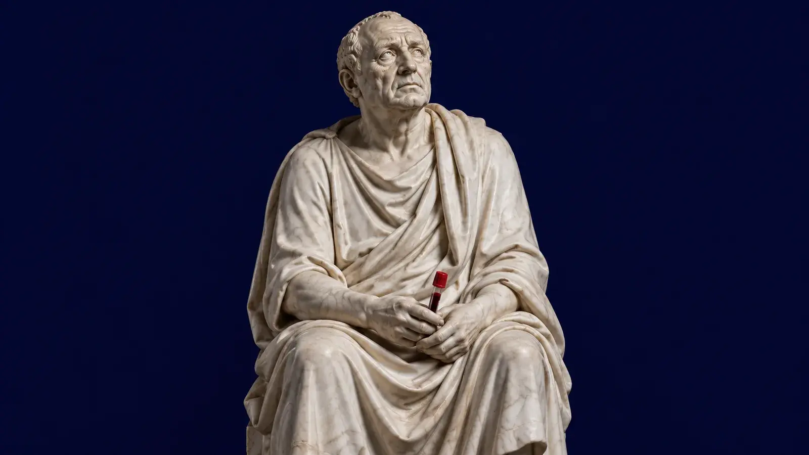 Statua romana in marmo di un uomo maturo seduto, con una provetta di sangue fra le mani, su fondo blu notte